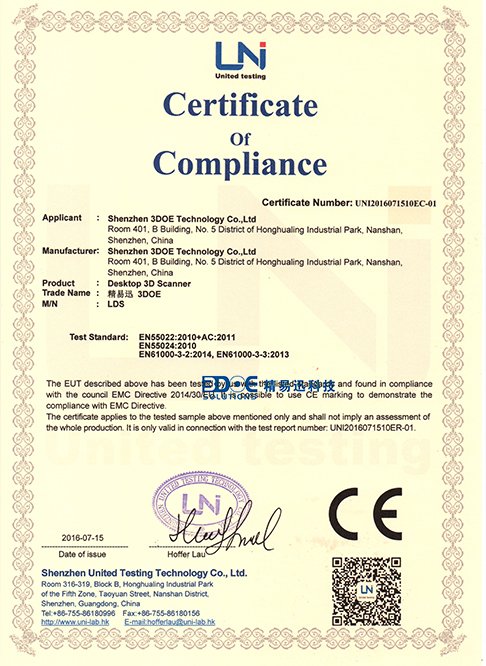 Certificate of Compliance for Desktop 3D Scanner